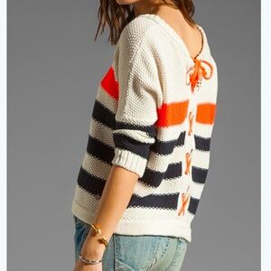 Maison Scotch Striped Lace Up Back Cropped Sweater